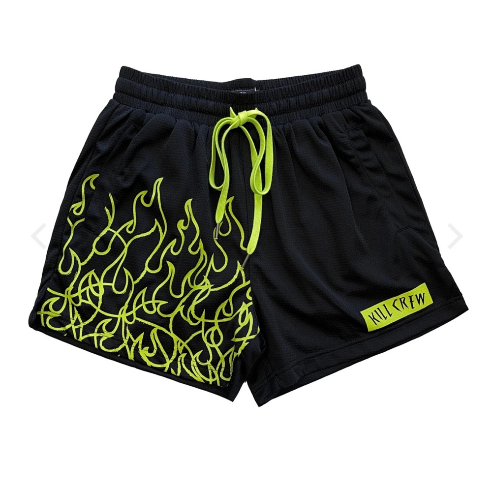 Kill Crew MUAY THAI FLAME SHORTS (MID THIGH CUT) - BLACK / NEON GREEN. - Medium